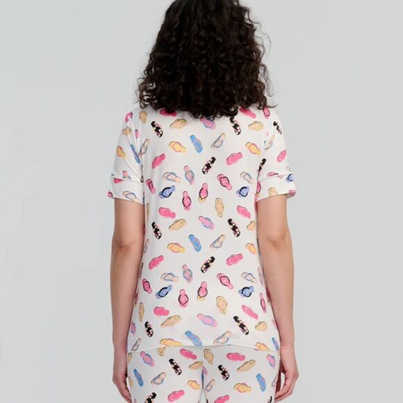 89th+MADISON L White Colorful Flip Flops Notch Collar Short Sleeve Pants PJ Set - Picture 3 of 14